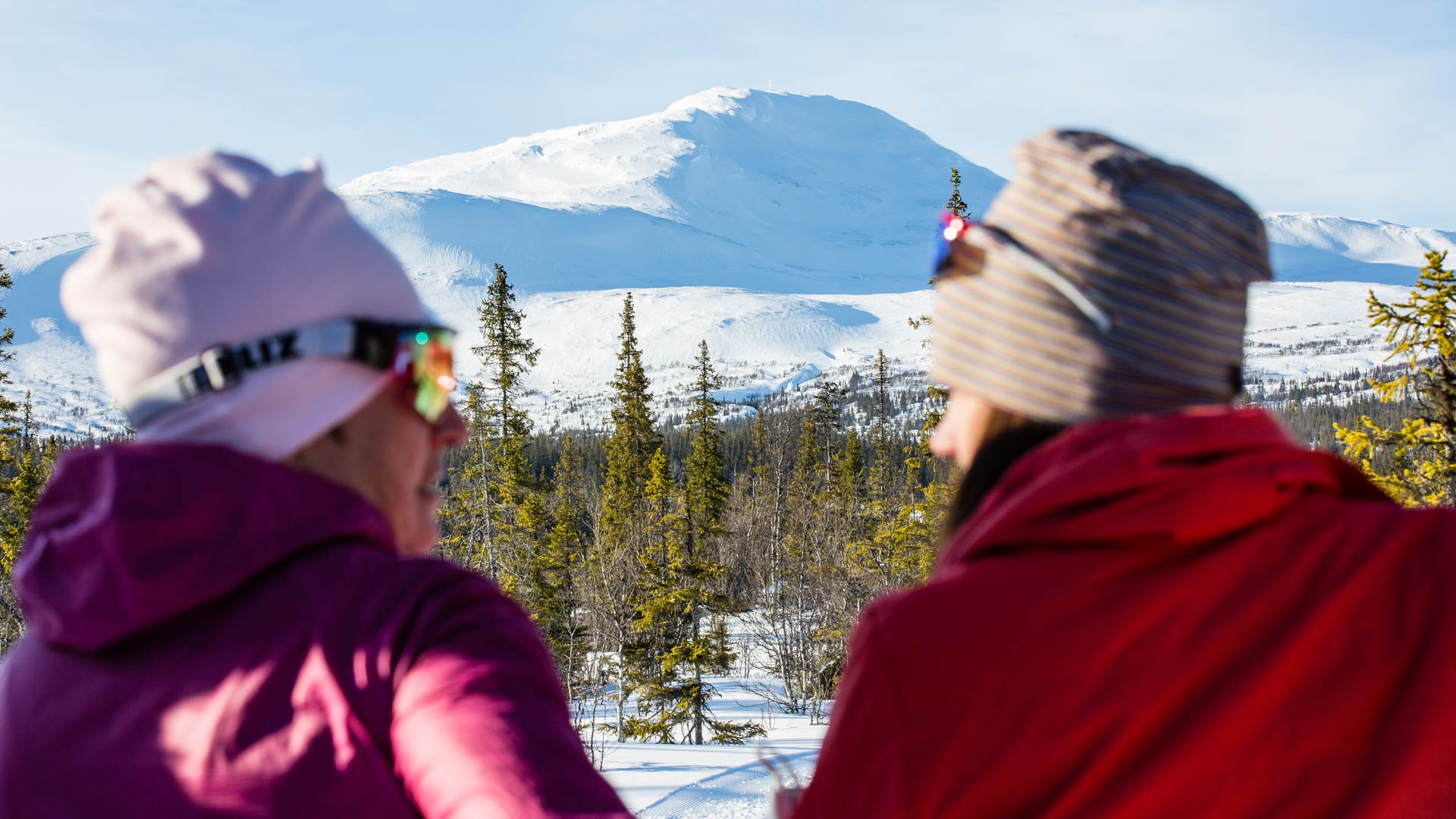 Två personer i förgrunden tittar ut över fjällen i Åre