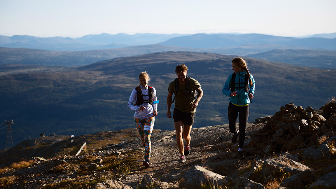 Three persons are trail running a summer evening on the mountain
