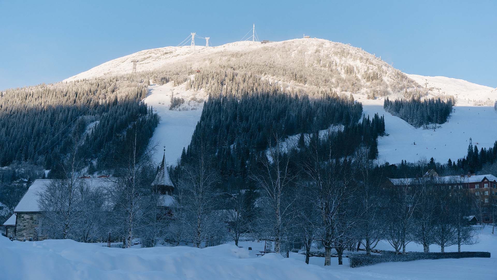 Views towards the old church with the mountain in the background.