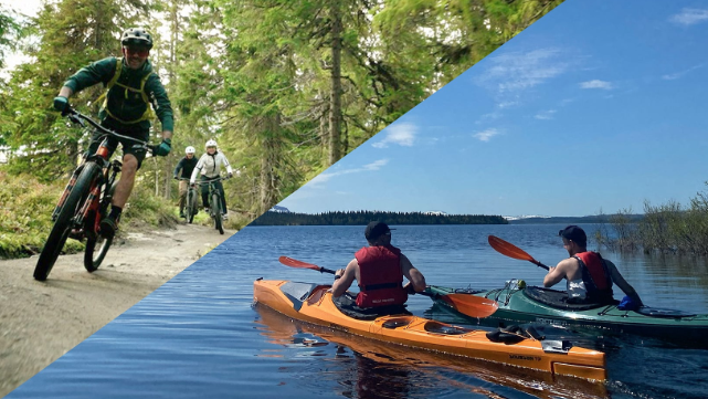Cyklist i skogen och kajaker på sjön