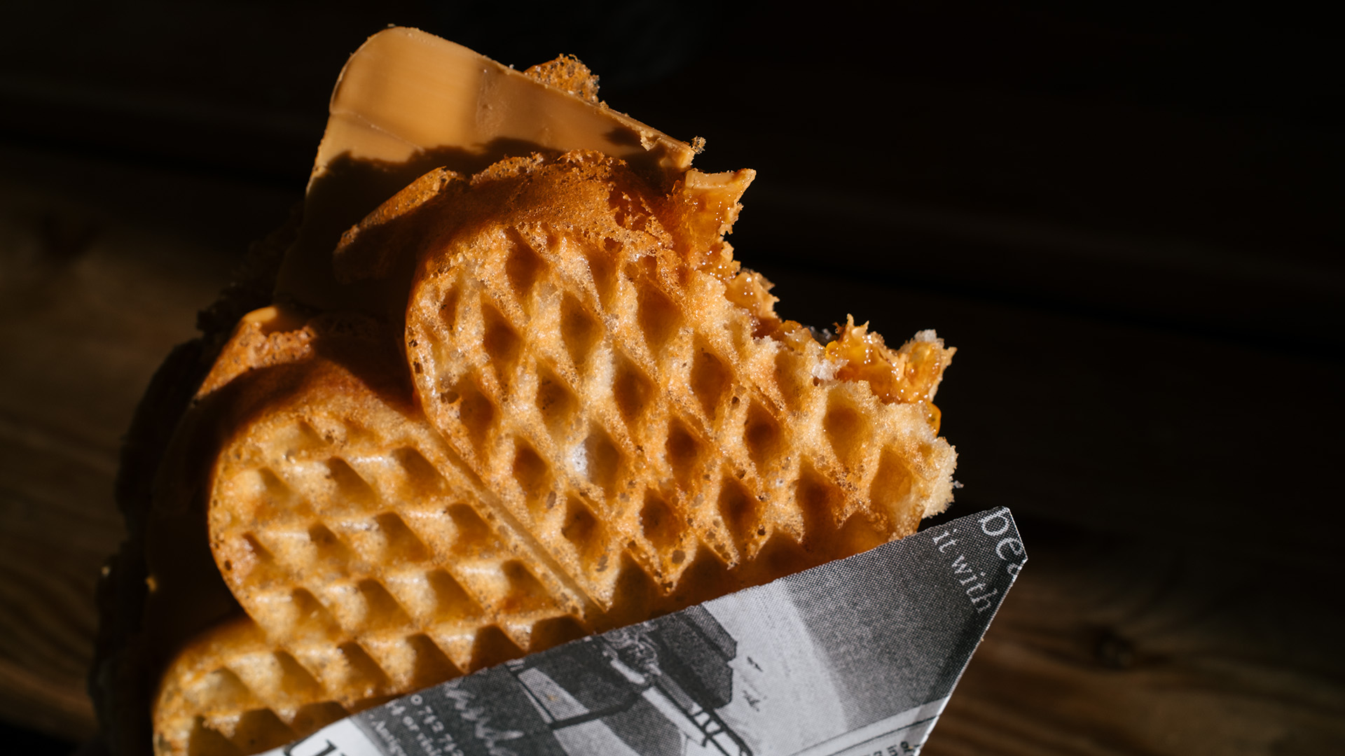 waffle topped with Norwegian brown cheese at Toppstugan.