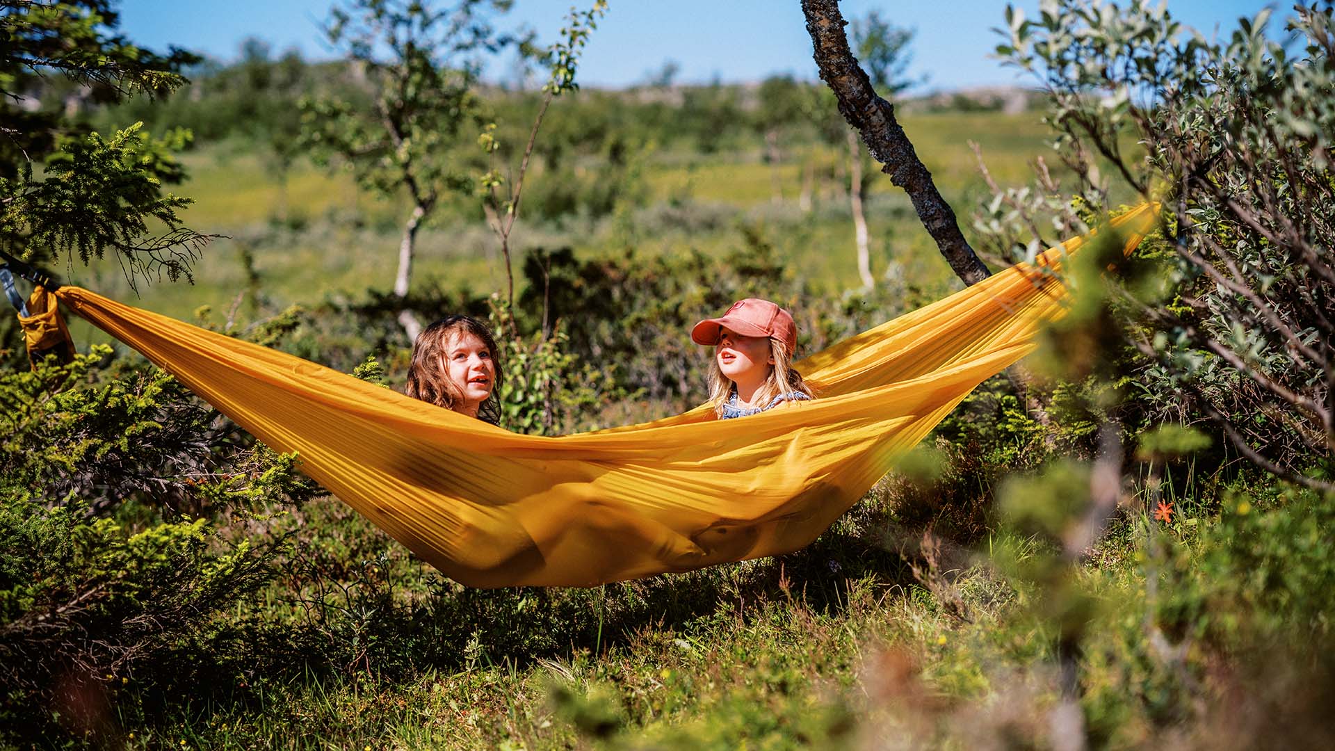 Två små barn på grönskande fjäll som vilar i hängmatta.